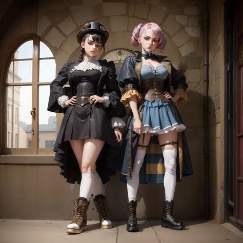 two steampunk girls, doc martins old school high-top white basketball shoes dark fantasy 90s anime Victorian steampunk