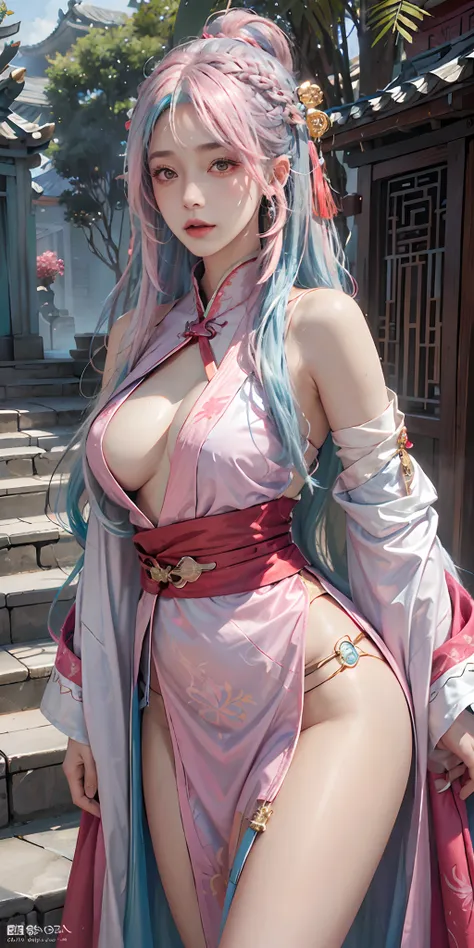 photorealistic, high resolution, soft light,1women, solo, hips up, shining skin, (detailed face),tattoo, jewelry, (rainbow color Hair,colorful hair,half blue and half pink hair:1.2), (red hanfu), red clothes, chinese achitecture