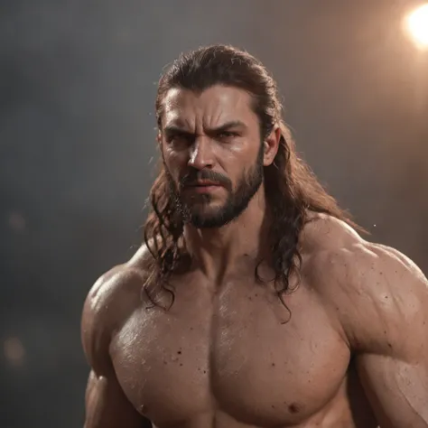 (Professional 3D rendering:1.3) de (Realistic:1.3) Foto de arte mais bonita do mundo，Features soft, bright male heroes, ((Epic hero fantasy rough muscular man wet hero angry look long hair short beard and fierce expression in dynamic pose, fantastic locati...