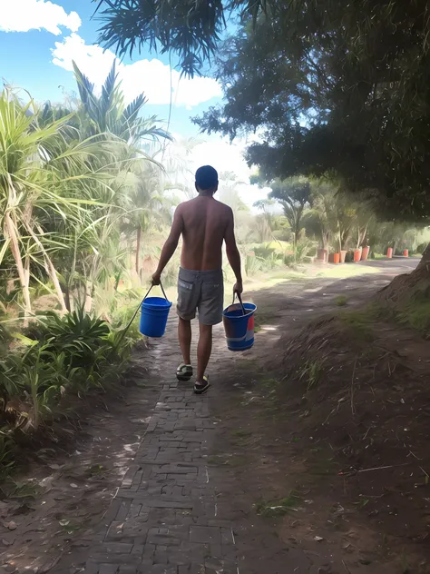 There is a man walking down a path with buckets of water, jardinagem, Caminhando no jardim, working hard, carregando duas barras, em jardins de maconha, Arte tradicional, trabalho de linha fina, Fotografia tirada em 2 0 2 0, Permacultura, indigenous man, F...