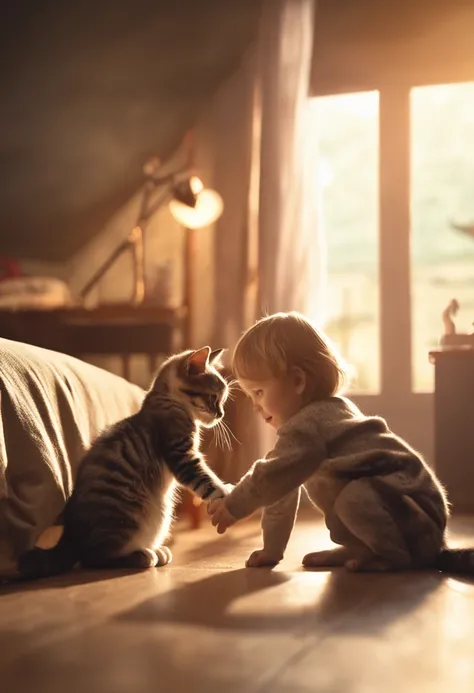 Two children　Two pets　Cats and puppies　Have fun playing　In a well-lit room