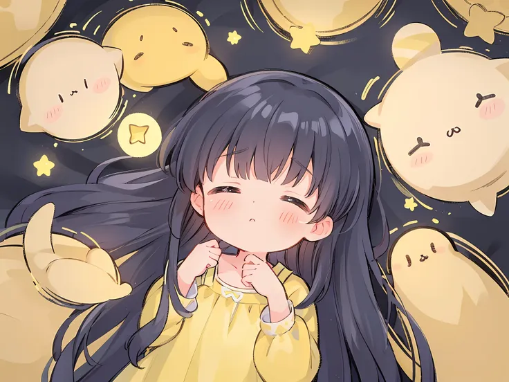 Top Quality, Masterpiece, Ultra High Resolution, Pretty Facial Features, Flat Design, Yellow Themes, Shoshi no Ko, Hoshino Ai, (Sleepy Eyes: 1.1), (Cute Yellow Night Dress), Cute, One Hand on Face, Bedtime, Disheveled Long Hair,
(simple dark background), g...