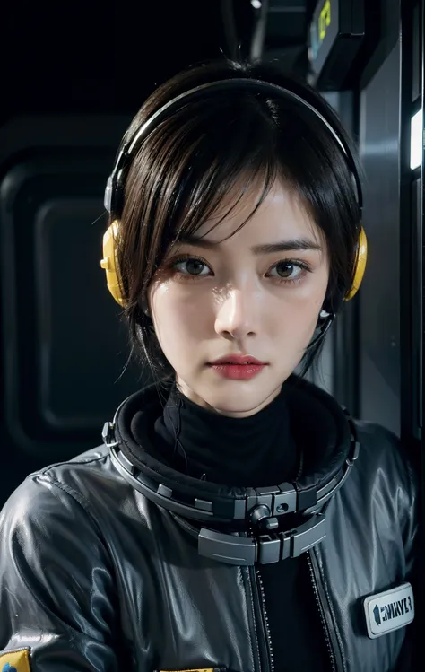 Highest image quality, outstanding details, ultra-high resolution, (realism: 1.4), ((cowboy shot)), the best illustration, favor details, highly condensed 1girl, (cyberpunk, cyborg), a delicate and beautiful face, (short hair), (wearing baggy spacesuit wit...