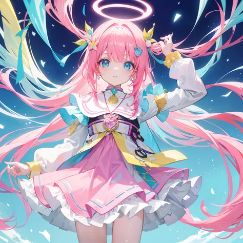 Colorful light background，long whitr hair，Has a bright pinkish-purple transparent gum texture，In pink、Wear yours with blue and white，yellow and greens，Cyan matching accessories pendant decoration，This is a very sweet and sweet loli girl