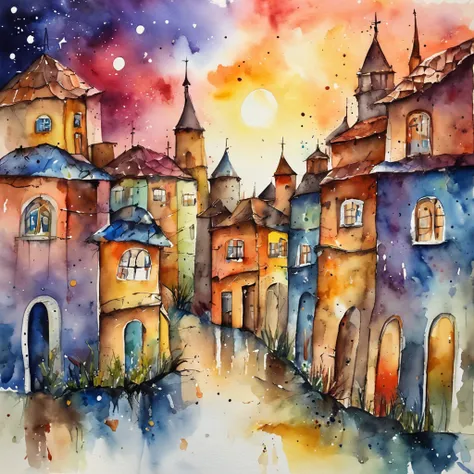 A big city in the style of disco-elysium, Starry sky, An abundance of colors, watercolor expressionist