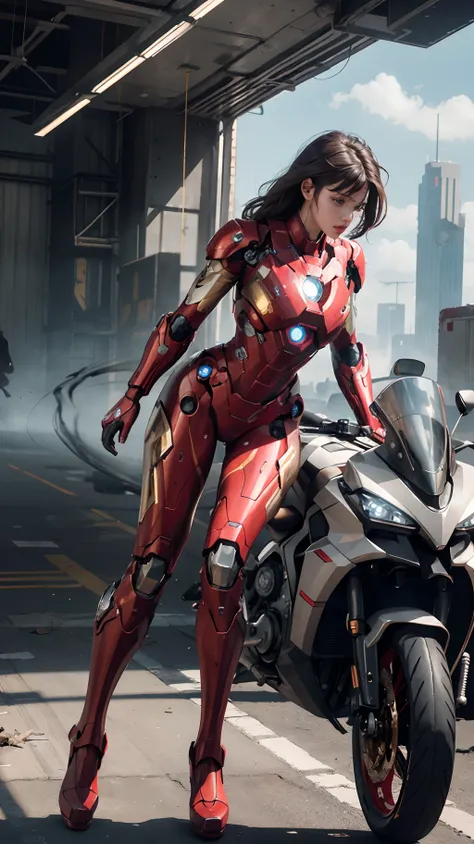 RAW, Masterpiece, Ultra Fine Photo,, Best Quality, Ultra High Resolution, Photorealistic, Sunlight, Full Body Portrait, Stunningly Beautiful,, Dynamic Poses, Delicate Face, Vibrant Eyes, (Side View) , she is wearing a futuristic Iron Man mech, red and gold...