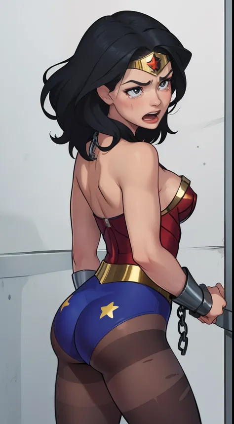 ((Shes wearing only panties and bra)) ((Shes standing, tiptoeing)) ((She has her hands cuffed and her arms behind her back)), ((She is painfully restrained by strong police officers)) (Shes wearing stiletto high heels) ((WONDER WOMAN SUPERHEROINE TORTURED ...