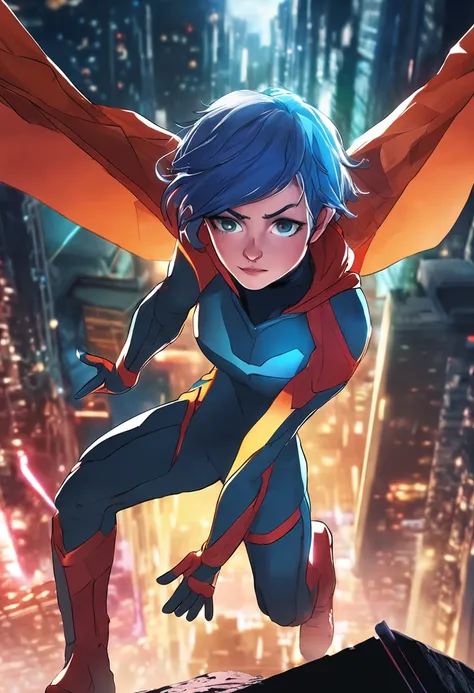 absurdres, 1girl, short blue hair, glowing white eyes, city, night lights, inside of a crater, super hero landing pose, broken road, overhead point of view angle, looking at viewer, 8k, high res, masterpiece,