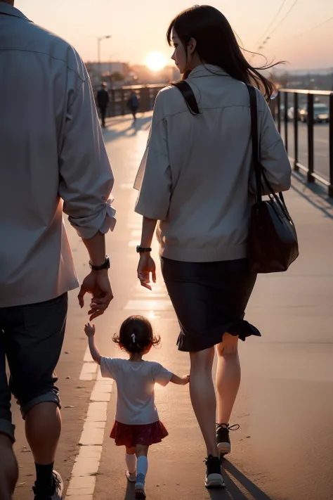 In the setting sun，Husband and wife walking side by side，But it seems that the relationship between the husband and wife is not very good，The child holds the hand of his parent，The child looked very happy，The picture is bright，Interesting sad feelings。