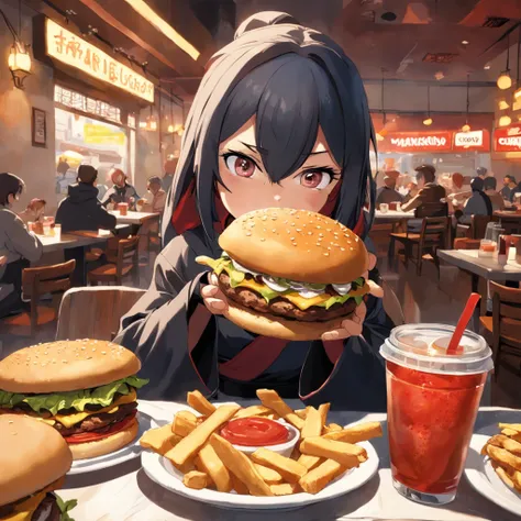 tartaruga ninja comendo uma fatia de burger em um restaurante com pessoas sentadas em mesas, comendo uma pizza, comendo burger, comendo uma burger margherita, mastigando burger, buttercup comendo burger segurando uma burger, segurando burger, segurando uma...