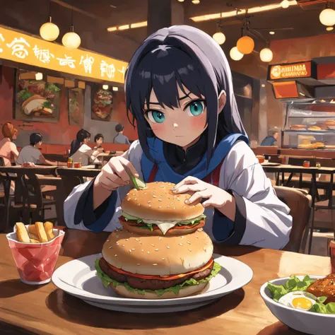 tartaruga ninja comendo uma fatia de burger em um restaurante com pessoas sentadas em mesas, comendo uma pizza, comendo burger, comendo uma burger margherita, mastigando burger, buttercup comendo burger segurando uma burger, segurando burger, segurando uma...