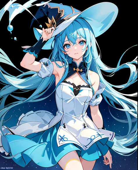 anime girl with blue hair and a blue hat and blue dress, zerochan art, trending on artstation pixiv, witchs hat, fantasy witch flowing dress, masterpiece, best quality, beautiful face, sparkling eyes, celestial dark background