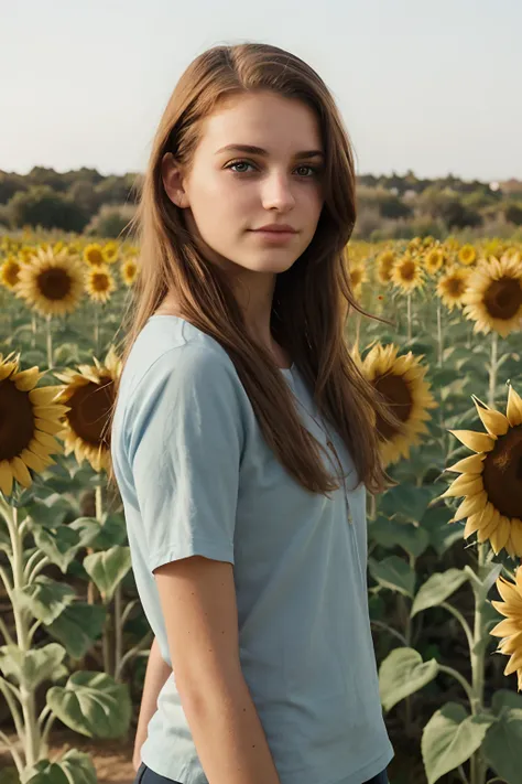 Foto de una mujer joven, pelirroja,cabello chino. ojos azules, campo con girasoles.