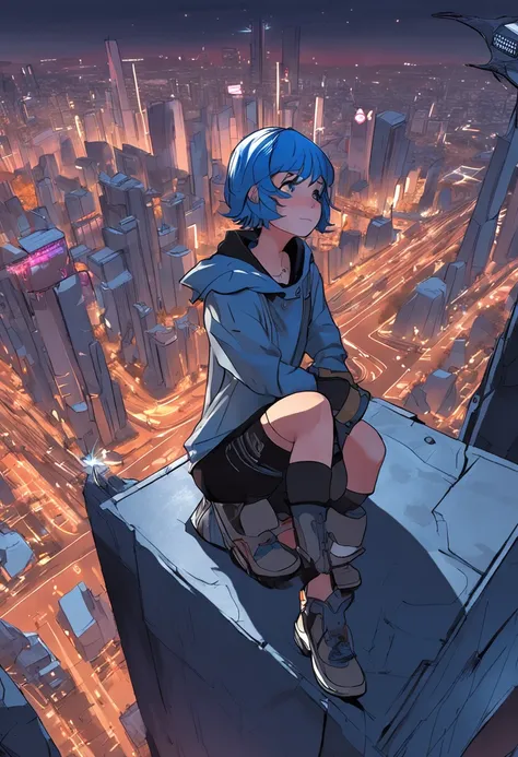 absurdres, 1girl, short blue hair, glowing white eyes, city, night lights, inside of a crater, kneeling pose, broken roads, overhead point of view angle, looking at viewer, 8k, high res, masterpiece,