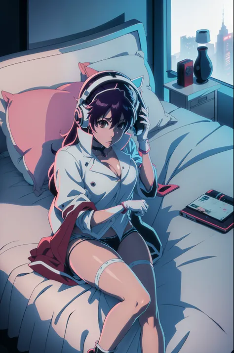 anime girl laying on bed with cell phone and headphones, lofi girl, by bambietta, anime lover, pixiv, trending on pixiv, digital...