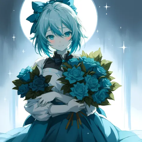 anime girl hug blue rose bouquet, fantasy art, grayscale phtoto in beautiful blue color, beautiful anime art style, high quality anime art, high quality anime artstyle, at pixiv,