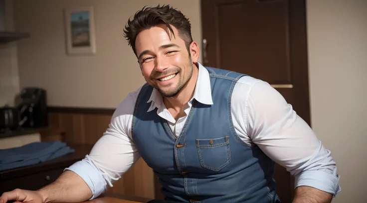 A photo of a 40-year-old man wearing a dress shirt and jeans smiling resolutely, representing the strength and resilience found after betrayal.