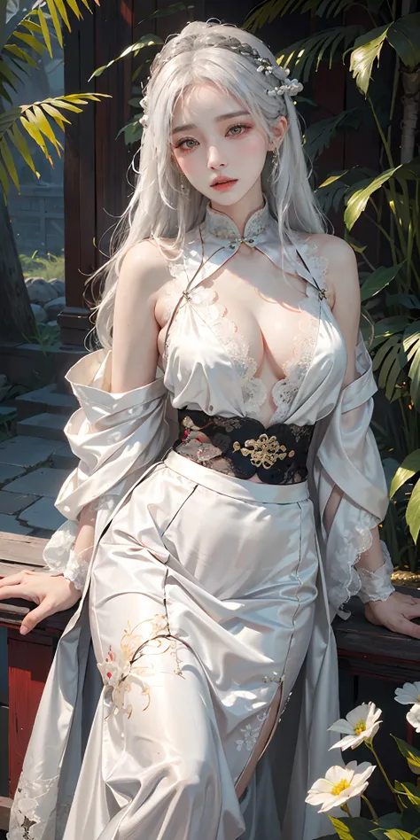 photorealistic, high resolution, soft light,1women, solo, hips up, shining skin, (detailed face),tattoo, jewelry, white hair, ((Chinese woman wears Hanfu, Guochao, Song, chest-length skirt, silk, lace)), chinese achitecture