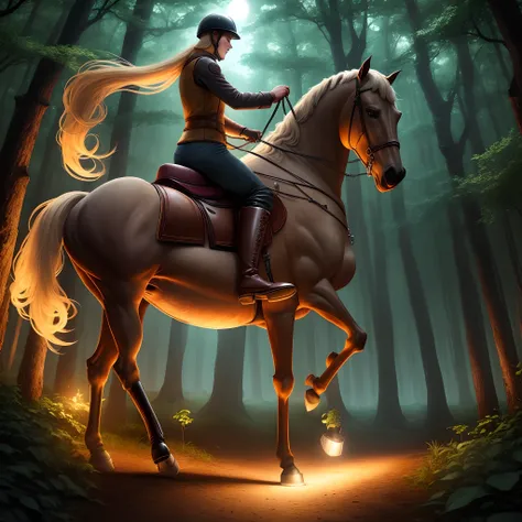 Giant yellow horse with leather boots and three legs at night in a forest