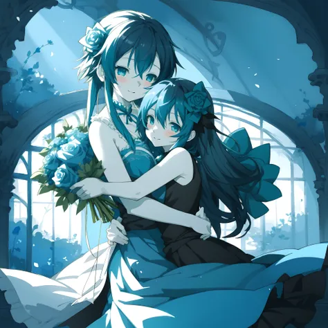 anime girl hug blue rose bouquet, fantasy art, grayscale phtoto in beautiful blue color, beautiful anime art style, high quality anime art, high quality anime artstyle, at pixiv,