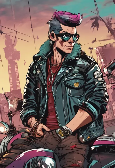 Furry, not human, wolf anthropomorphic, wearing leather daddy, wearing punk jacket, holding black glasses, street fighter character style, spiked gloves, smiling confidently, dark street