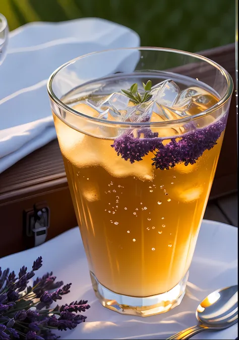 A glass with drops of water filled with carbonated drinks, translucent liquid, ice cubes, bubbles, a floral crown of daisies and lavender on picnic tablecloths, midday outdoor lighting, open air, natural background, summer day, hot weather, high detail, ve...