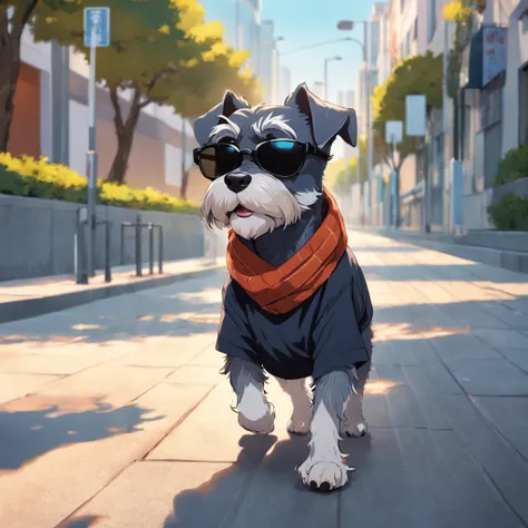 master part, um schnauzer, estilo matricial, casaco Preto, passeando no parque, walking on the sidewalk with a scarf on his head, sun glasses, Dynamic angle, melhor qualidade, 4k,