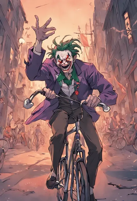 A imagem mostra uma cena inusitada do "coringa" in a relaxed moment, Andar de bicicleta. This depiction creates a startling contrast between the jokers chaotic personality and the peaceful activity of cycling.

The Joker is dressed in his signature costume...