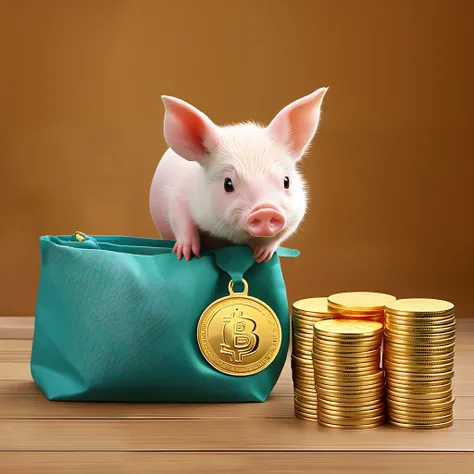 Piglet holding a bag of gold coins、top-quality、realisitic