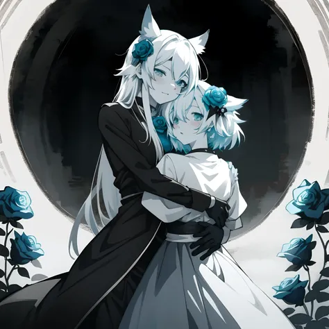 anime girl hug rose bouquet, fantasy art, grayscale phtoto in beautiful blue rose, beautiful anime art style, high quality anime art, high quality anime artstyle, at pixiv,