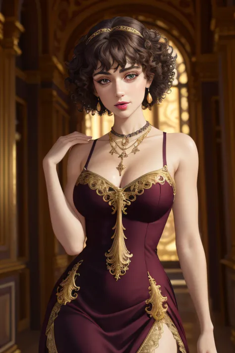 8k, best quality, masterpiece, highly detailed, semi realistic, 1 girl, young female, 20 years old, dark brown short hair, curly hair, bangs, deep purple eyes, red lips, gorgeous palace style Baroque style long dress, topless dress, cross tie vest, bare sh...