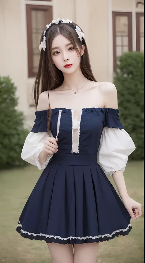 (Best quality images, 8K, Masterpiece: 1.3), 1 girl,详细的脸:1.2，Beutiful women，The abdominal muscles are slender: 1.3,Slender legs， (Casual hairstyle, G-cup: 1.6, Clothes with off-the-shoulder breasts 1.3), Gorgeous Lolita costume: 1.1,Superskirt:1.2, Delicat...