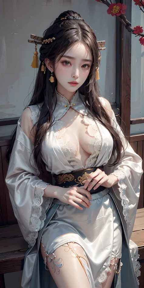 photorealistic, high resolution, soft light,1women, solo, hips up, shining skin, (detailed face),tattoo, jewelry, long hair, ((Chinese woman wears Hanfu, Guochao, Song, chest-length skirt, silk, lace)), chinese achitecture