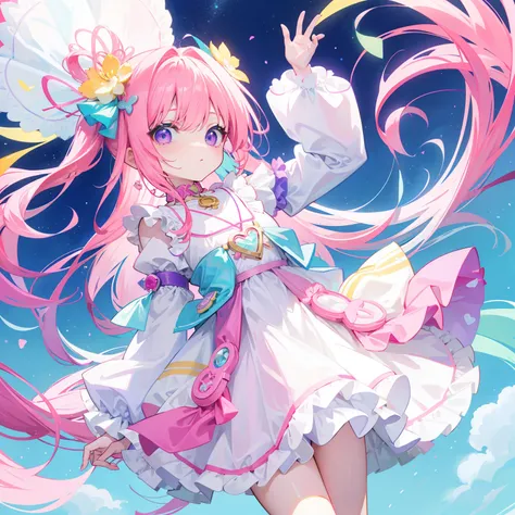 Colorful light background，long whitr hair，Has a bright pinkish-purple transparent gum texture，In pink、Wear yours with blue and white，yellow and greens，Cyan matching accessories pendant decoration，This is a very sweet and sweet loli girl