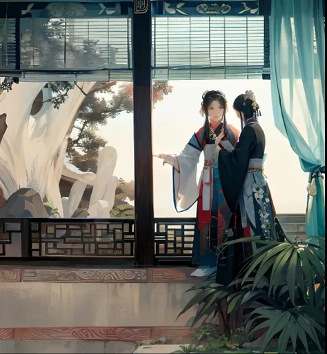 Two women stood in front of the window，There are curtains, Hanfu, inspired by Tang Yin, Palace ， A girl in Hanfu, author：Zhang Yin, Wearing ancient Chinese clothes, zhang daqian, inspired by Wu Zuoren, inspired by Yun Shouping, inspired by Gu An, author：Ta...