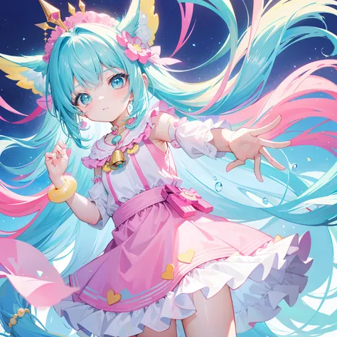 Colorful light background，long whitr hair，Has a bright pinkish-purple transparent gum texture，In pink、Wear yours with blue and white，yellow and greens，Cyan matching accessories pendant decoration，This is a very sweet and sweet loli girl