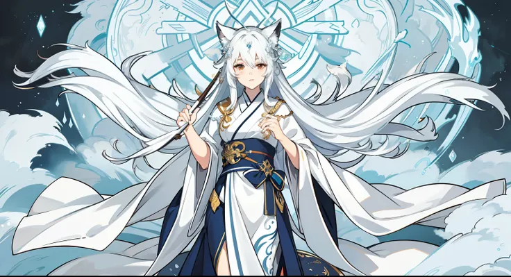 a beautiful and ethereal fox spirit dressed in a flowing white Chinese robe. The image captures the fox spirit standing gracefully on the waters surface, surrounded by white clouds and mist that lend an otherworldly quality to the scene. The fox spirits lo...