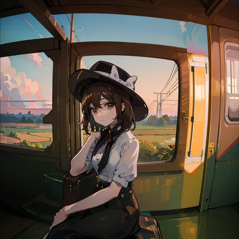 masterpiece, fine detail, 4k, 8k, 12k, solo, 1 person, beautiful girl, caucasian female, upper body, brown hair, short hair, hat, sitting, train, background outside window, countryside, thundercloud, summer