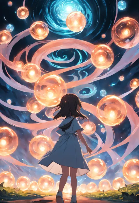 "A mesmerizing scene unfolds as a young girl stands amidst a mesmerizing swirl of luminous orbs, casting an enchanting and magical glow."