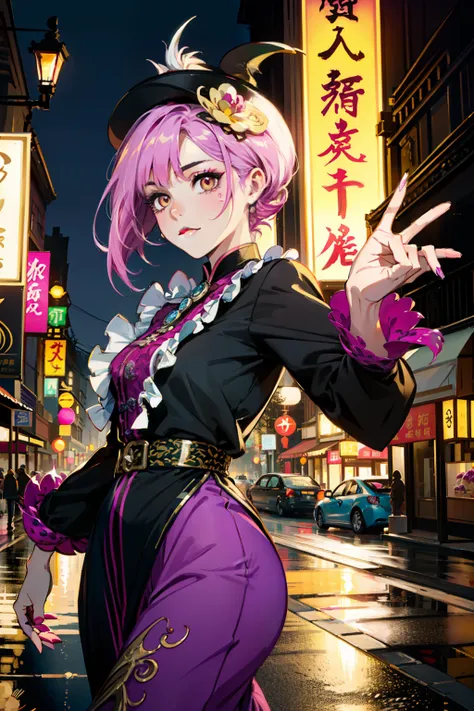 "(((Dragon fruit roast duck girl look))), Dazzle, vintagestyle, Subtle and beautiful details, Vigorous vitality, Outline a dynamic pose, Surround yourself in the streets as night falls, Charming nights, There is an atmosphere of mystery。"