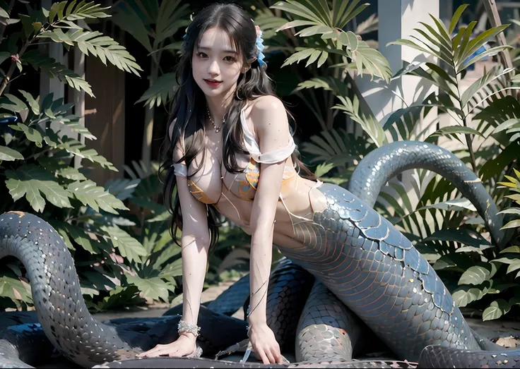 Beautiful witch of the devil，（mermaids:1.2），（Elongated snake tail:1.3）, various burning chains around her,(((Detailed perfect face))),Light smile, Beautiful face, Seductive body,Tall body, Mature body, BREAK burning aura, balls of fire, orange and yellow s...