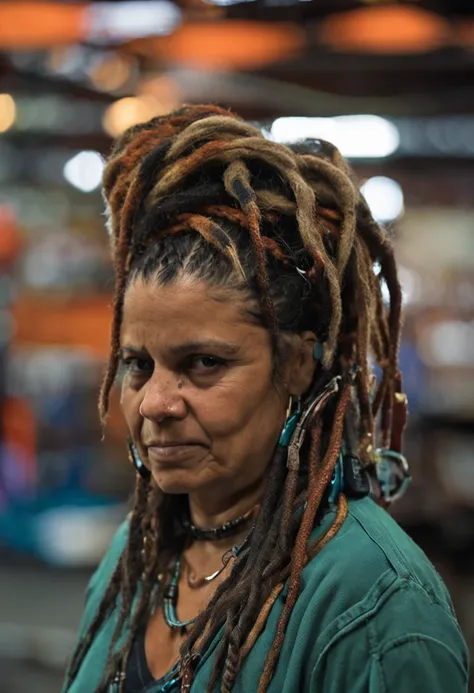 uma garota ciborg com pernas de metal e seios a mostra muito grandes cabelo dread