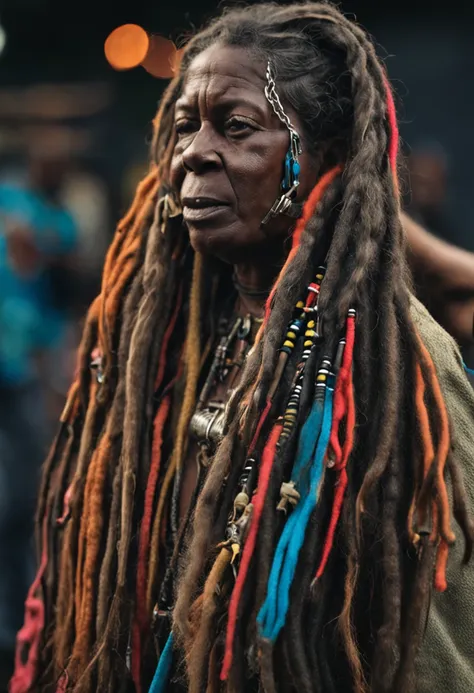 uma garota ciborg com pernas de metal e seios a mostra muito grandes cabelo dread