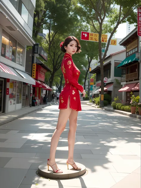 tmasterpiece：1.3，A woman who is，Delicate facial features, wearing red cheongsam，hair flowing，Summer Street, Full body art photo, in city street, Realiy，8K，wide lens shot，Cinematic lighting effects，A masterpice，winning artwork，