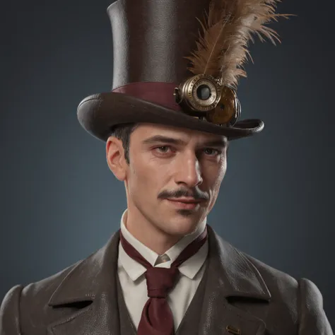 (renderizado 3D profesional:1.3) de (realista:1.3) Apuesto y elegante Caballero al estilo Steampunk, sombrero top hat, estilo hipster, masculino suave y brillante,  Renderizado 8K Unity de cuerpo completo,  poro de la piel, very dark lighting, sombreado pe...