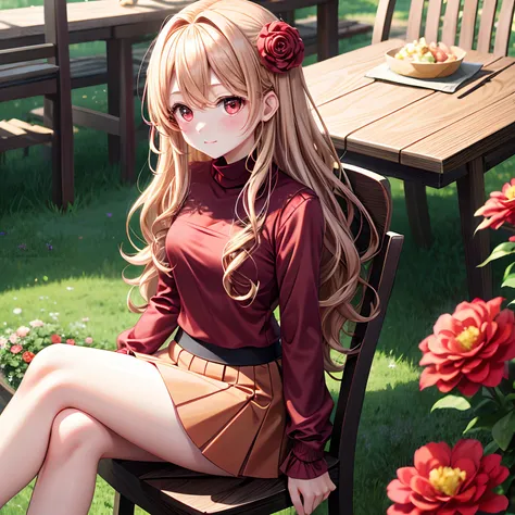 red blush、Wavy blonde hair、red eyes、Beautiful girl alone、animesque、独奏、turtle neck、a miniskirt、flower  field、lonely、Sitting on a chair