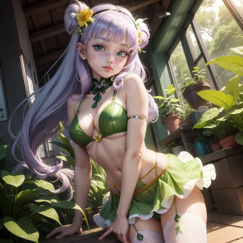 Kindergarten girl like a fairy　Girl with white-purple hair　Metallic Gun Joylono Micro Bikini　Yellow-green light lace skirt　Curve House　Bright indoor in the forest　Farbe々Plants and flowers　Like Urusei Yatsura no Ram-chan　Industrial metallic mask wearing in ...