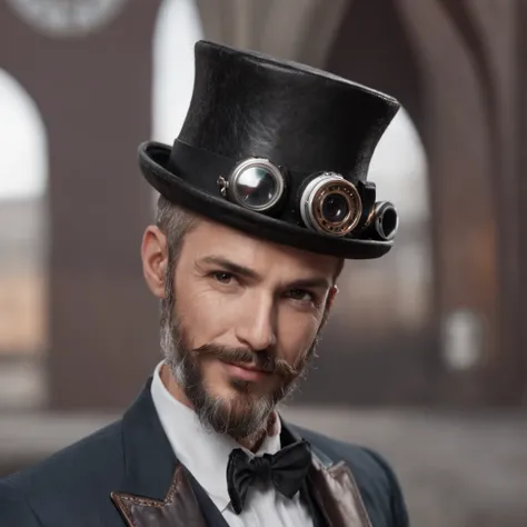 Masterpiece, realistic Handsome Gentleman steampunk, hipster ellegant cute beard man, front camera pose, full portrait, middle age, smiiling, ellegant leather suit, Steampunk Mad Hatter man, digital art 8k, sinful tattooed man,machine background industrial...