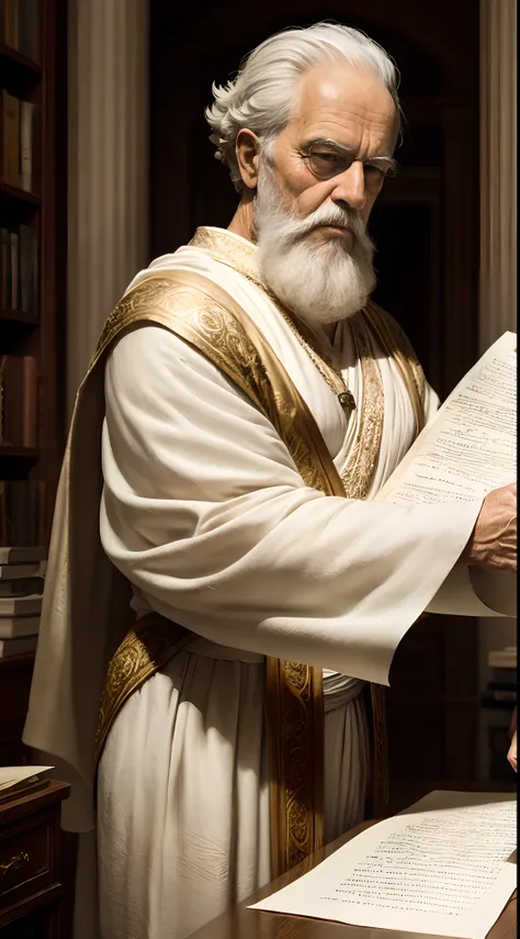 Create a drawing of Plato, depicting him as a wise elder, with a long, gray beard, wearing a Greek toga and holding a rolled parchment.