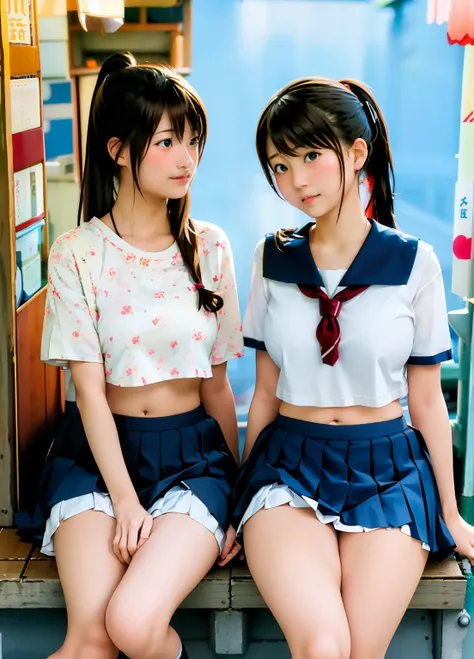 rialistic photo、Top image quality、White shorts、Beautiful pictures、Schoolgirl in sailor suit、a miniskirt、Two women sitting on a shelf, two japanese schoolgirls posing, knees up、girls resting, Stand your feet、White shorts、beautiful flaxen ponytail、Beautiful ...